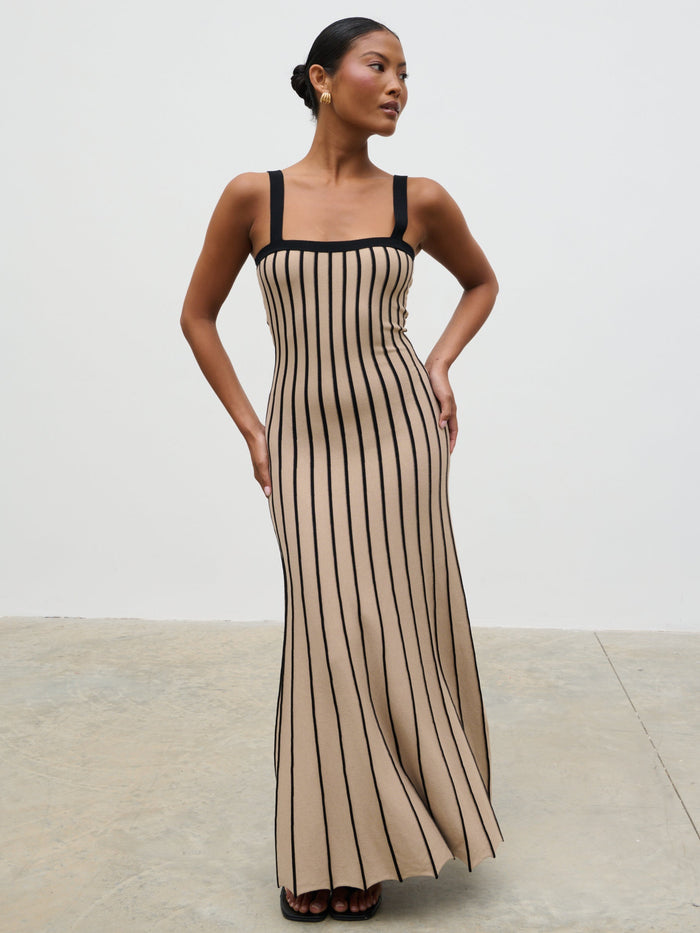 Elle Is 5'3" & Wears Size UK XS|Alyssia Stripe Long Midaxi Knit Dress - Dark Beige and Black
