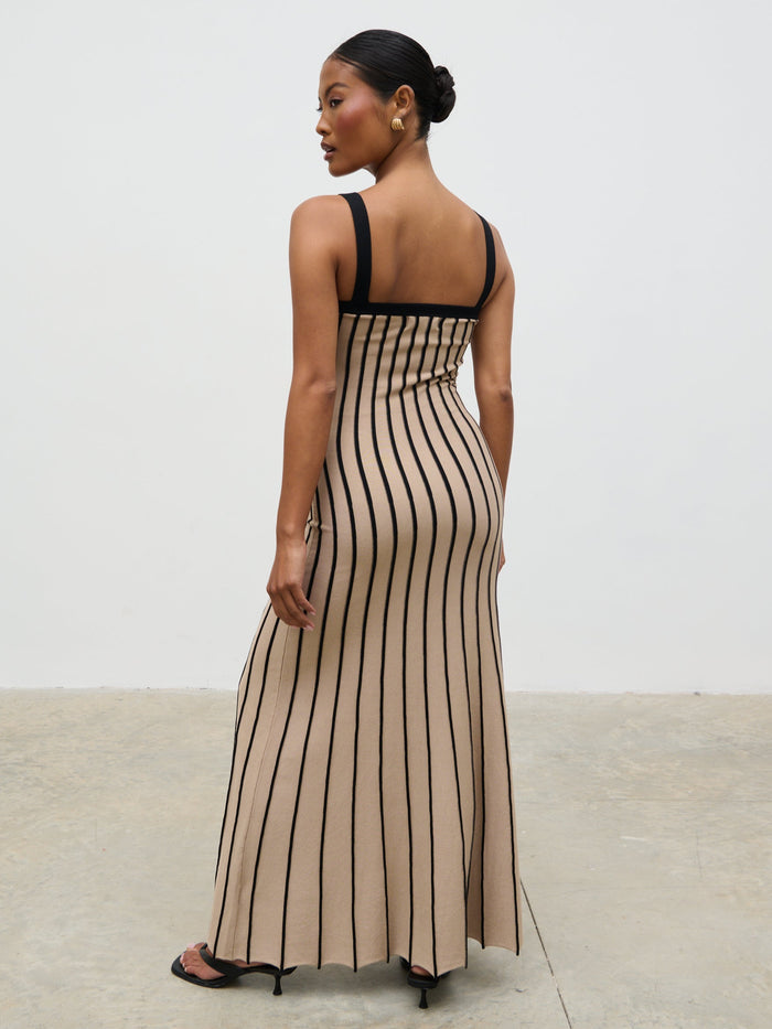 Elle Is 5'3" & Wears Size UK XS|Alyssia Stripe Long Midaxi Knit Dress - Dark Beige and Black