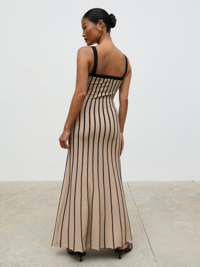 Elle Is 5'3" & Wears Size UK XS|Alyssia Stripe Long Midaxi Knit Dress - Dark Beige and Black
