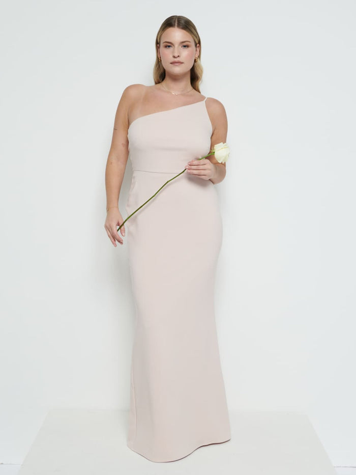 Theo Is 5'8.5" & Wears Size UK 12|Amelia Crepe Maxi Bridesmaid Dress - Blush