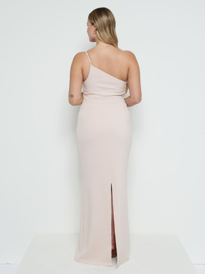 Theo Is 5'8.5" & Wears Size UK 12|Amelia Crepe Maxi Bridesmaid Dress - Blush