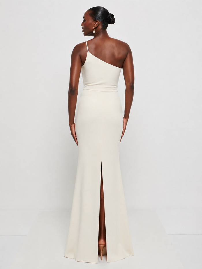 Aurelia is 5'9" & Wears Size UK 8|Amelia Crepe Maxi Bridesmaid Dress - Champagne