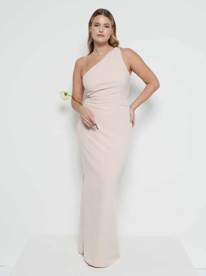 Theo Is 5'8.5" & Wears Size UK 12|Amelia Crepe Ruched Maxi Bridesmaid Dress - Blush