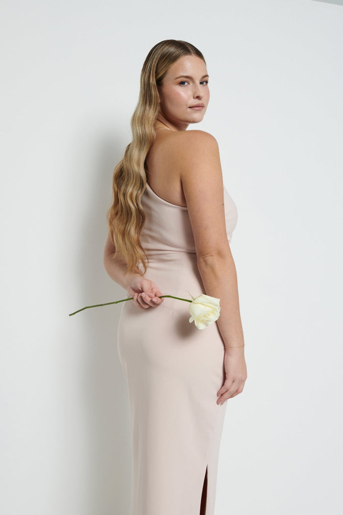 Theo Is 5'8.5" & Wears Size UK 12|Amelia Crepe Ruched Maxi Bridesmaid Dress - Blush
