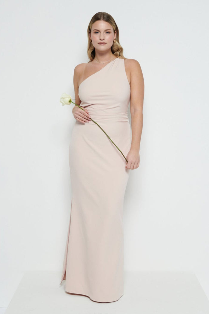 Theo Is 5'8.5" & Wears Size UK 12|Amelia Crepe Ruched Maxi Bridesmaid Dress - Blush