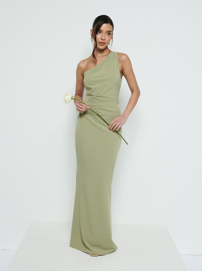 Marina Is 5'7.5" & Wears Size UK 8|Amelia Crepe Ruched Maxi Bridesmaid Dress - Olive