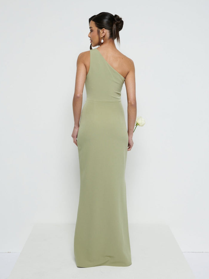 Marina Is 5'7.5" & Wears Size UK 8|Amelia Crepe Ruched Maxi Bridesmaid Dress - Olive