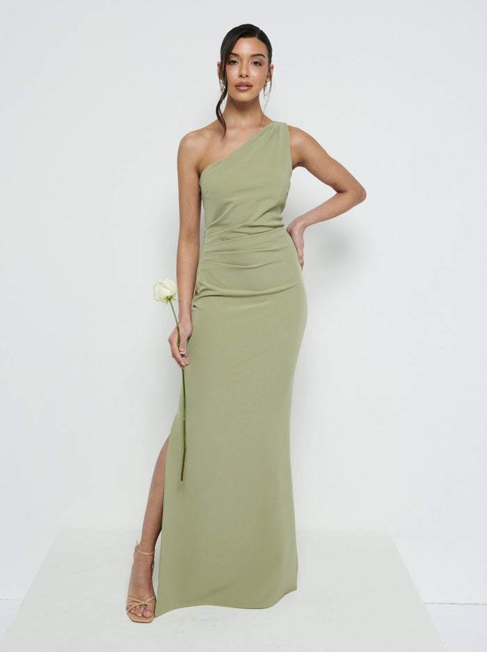 Marina Is 5'7.5" & Wears Size UK 8|Amelia Crepe Ruched Maxi Bridesmaid Dress - Olive