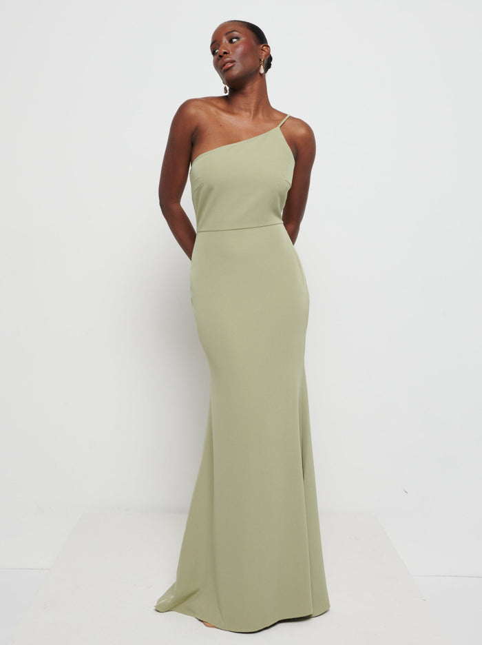 Aurelia is 5'9" & Wears Size UK 8|Amelia Crepe Maxi Bridesmaid Dress - Olive