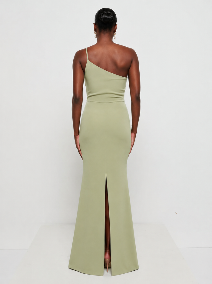 Aurelia is 5'9" & Wears Size UK 8|Amelia Crepe Maxi Bridesmaid Dress - Olive