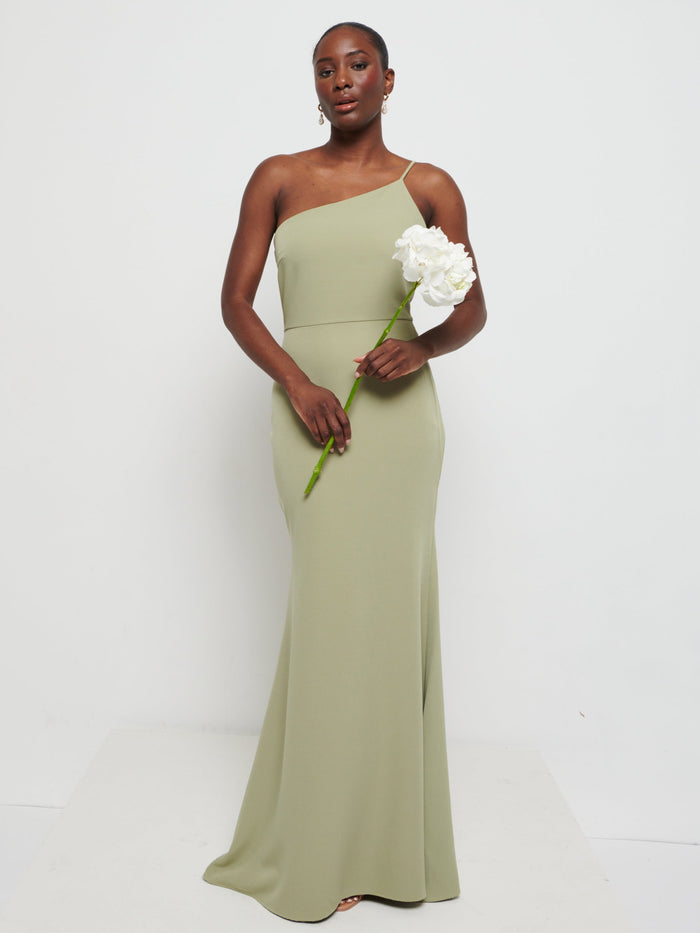 Aurelia is 5'9" & Wears Size UK 8|Amelia Crepe Maxi Bridesmaid Dress - Olive