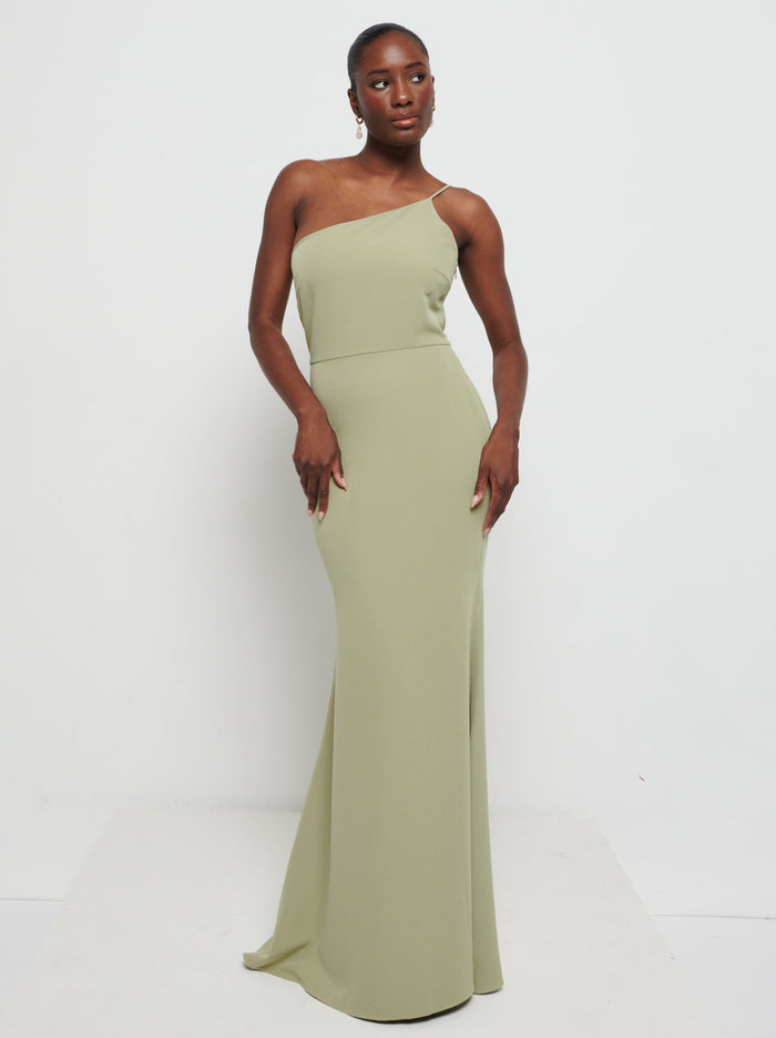 Aurelia is 5'9" & Wears Size UK 8|Amelia Crepe Maxi Bridesmaid Dress - Olive