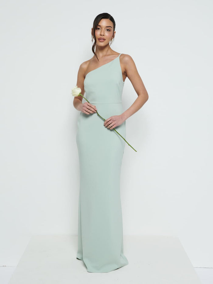 Marina Is 5'7.5" & Wears Size UK 8|Amelia One Shoulder Crepe Maxi Bridesmaid Dress - Sage