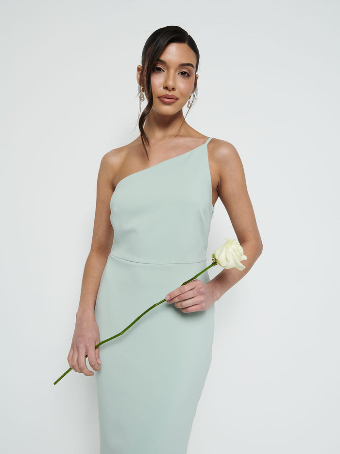 Marina Is 5'7.5" & Wears Size UK 8|Amelia One Shoulder Crepe Maxi Bridesmaid Dress - Sage