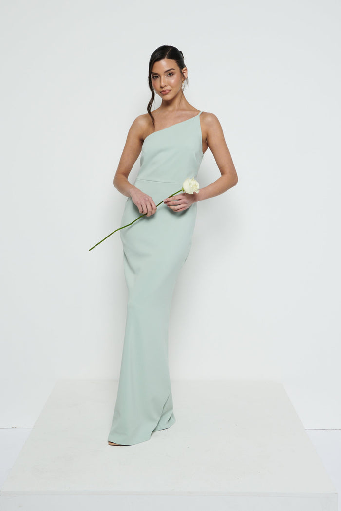 Marina Is 5'7.5" & Wears Size UK 8|Amelia One Shoulder Crepe Maxi Bridesmaid Dress - Sage