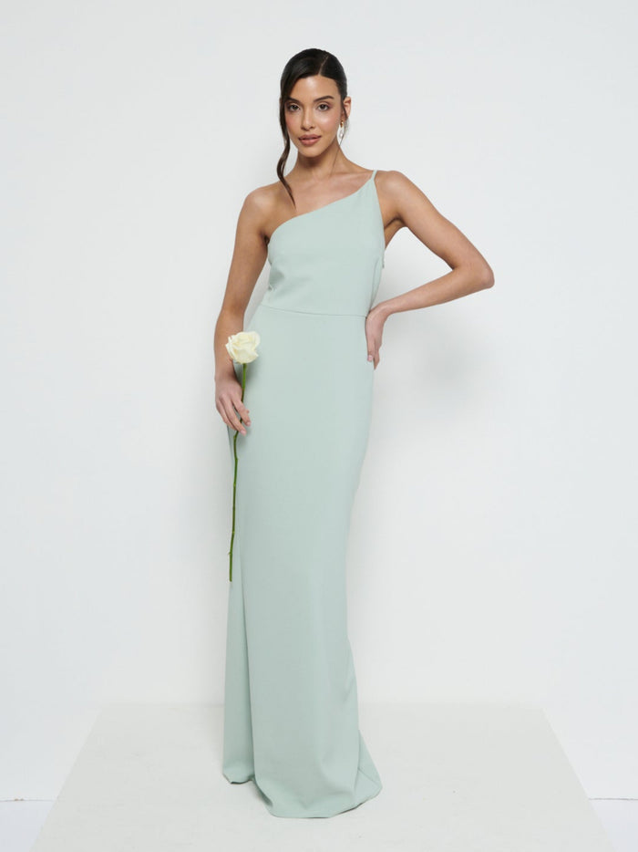 Marina Is 5'7.5" & Wears Size UK 8|Amelia One Shoulder Crepe Maxi Bridesmaid Dress - Sage