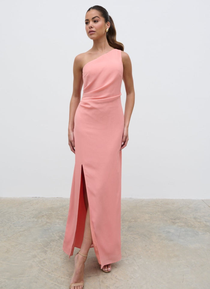 Elissa Is 5'8.5" & Wears Size UK 8|Amelia Ruched Maxi Dress  - Apricot Ice