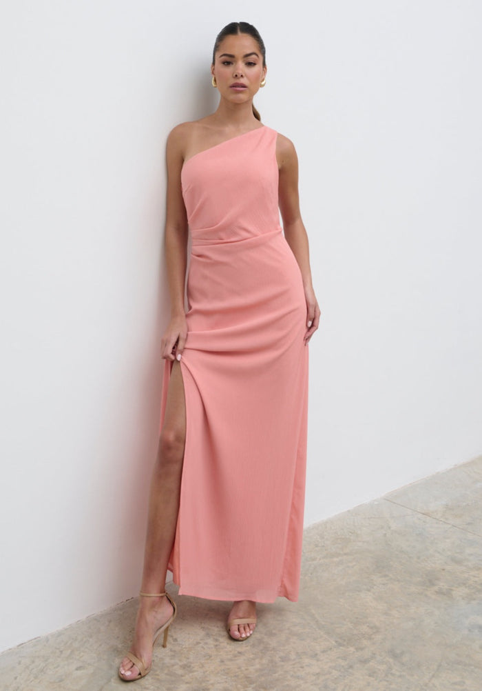 Elissa Is 5'8.5" & Wears Size UK 8|Amelia Ruched Maxi Dress  - Apricot Ice