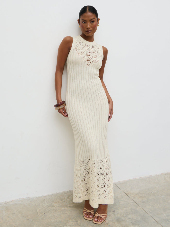 Elle Is 5'3" & Wears Size UK XS|Amiri Crotchet Knit Midaxi Dress - Cream
