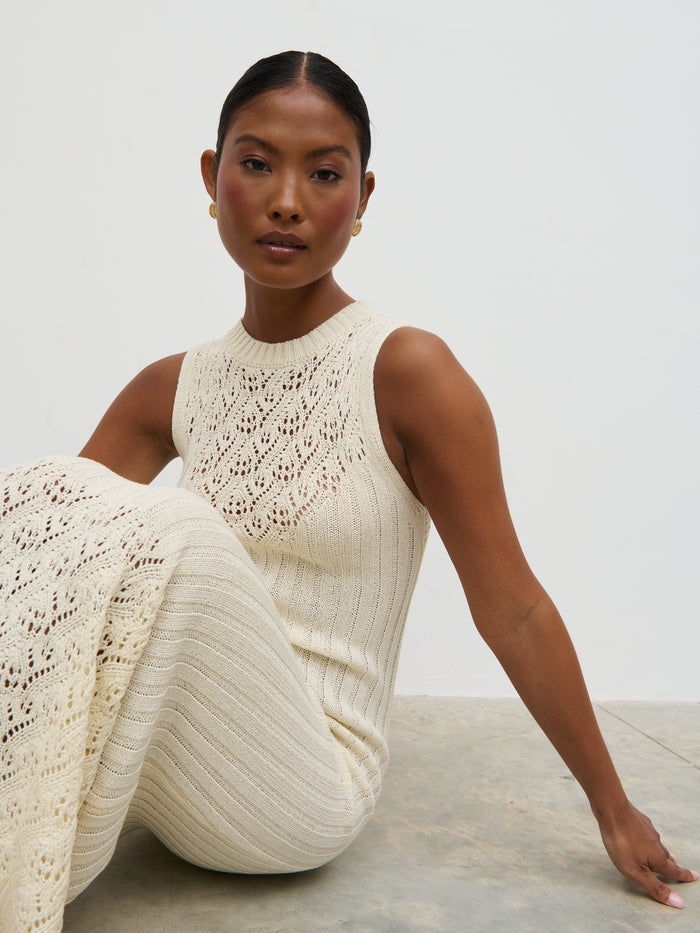 Elle Is 5'3" & Wears Size UK XS|Amiri Crotchet Knit Midaxi Dress - Cream