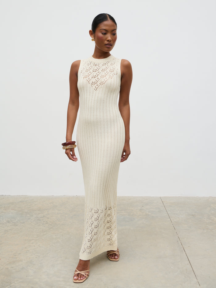 Elle Is 5'3" & Wears Size UK XS|Amiri Crotchet Knit Midaxi Dress - Cream