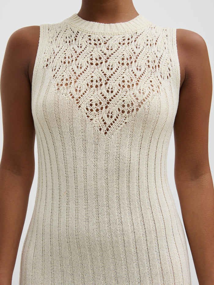 Elle Is 5'3" & Wears Size UK XS|Amiri Crotchet Knit Midaxi Dress - Cream