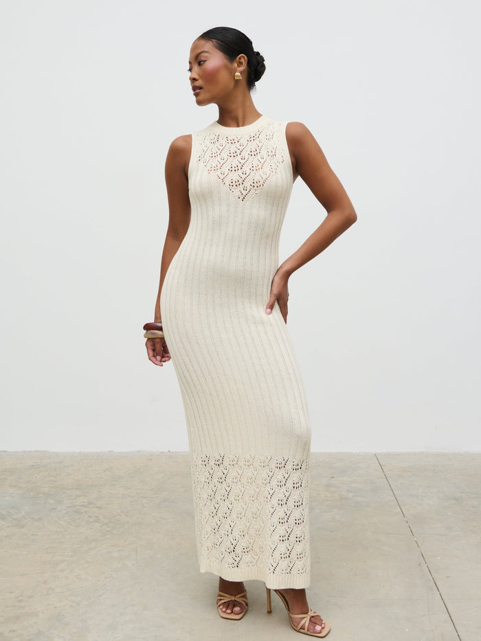Elle Is 5'3" & Wears Size UK XS|Amiri Crotchet Knit Midaxi Dress - Cream
