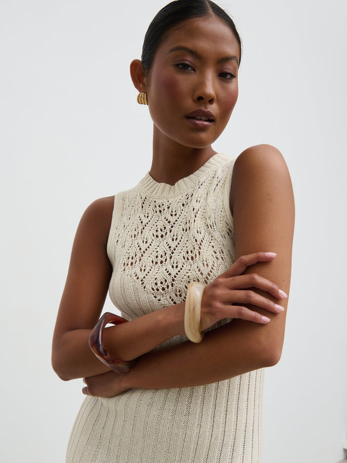 Elle Is 5'3" & Wears Size UK XS|Amiri Crotchet Knit Midaxi Dress - Cream