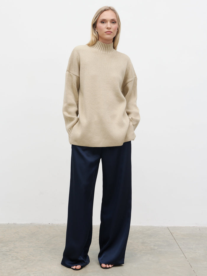 Melissa is 5'9.5" & Wears Size UK S|Amory Grown Neck Knit Jumper - Beige