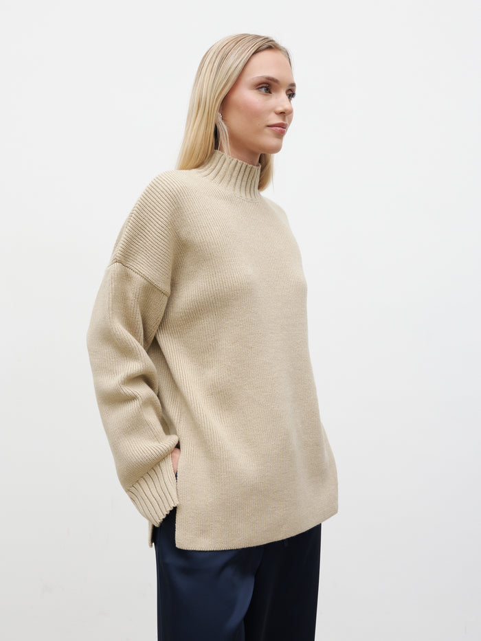 Melissa is 5'9.5" & Wears Size UK S|Amory Grown Neck Knit Jumper - Beige