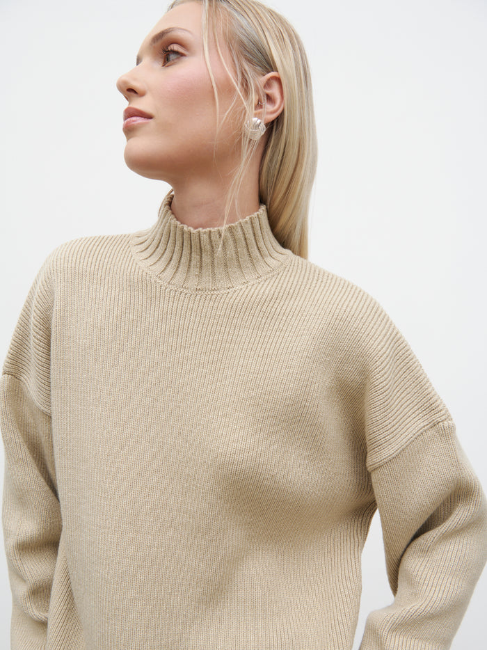 Melissa is 5'9.5" & Wears Size UK S|Amory Grown Neck Knit Jumper - Beige