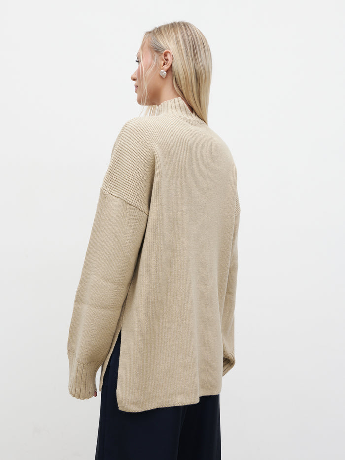 Melissa is 5'9.5" & Wears Size UK S|Amory Grown Neck Knit Jumper - Beige