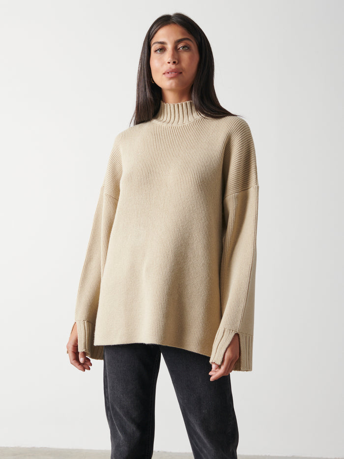 Lygia Is 5'9" & Wears Size UK S|Amory Grown Neck Knit Jumper - Beige