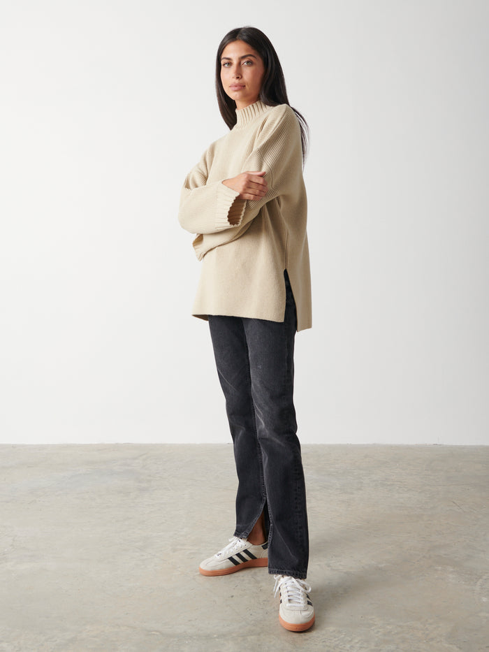 Lygia Is 5'9" & Wears Size UK S|Amory Grown Neck Knit Jumper - Beige