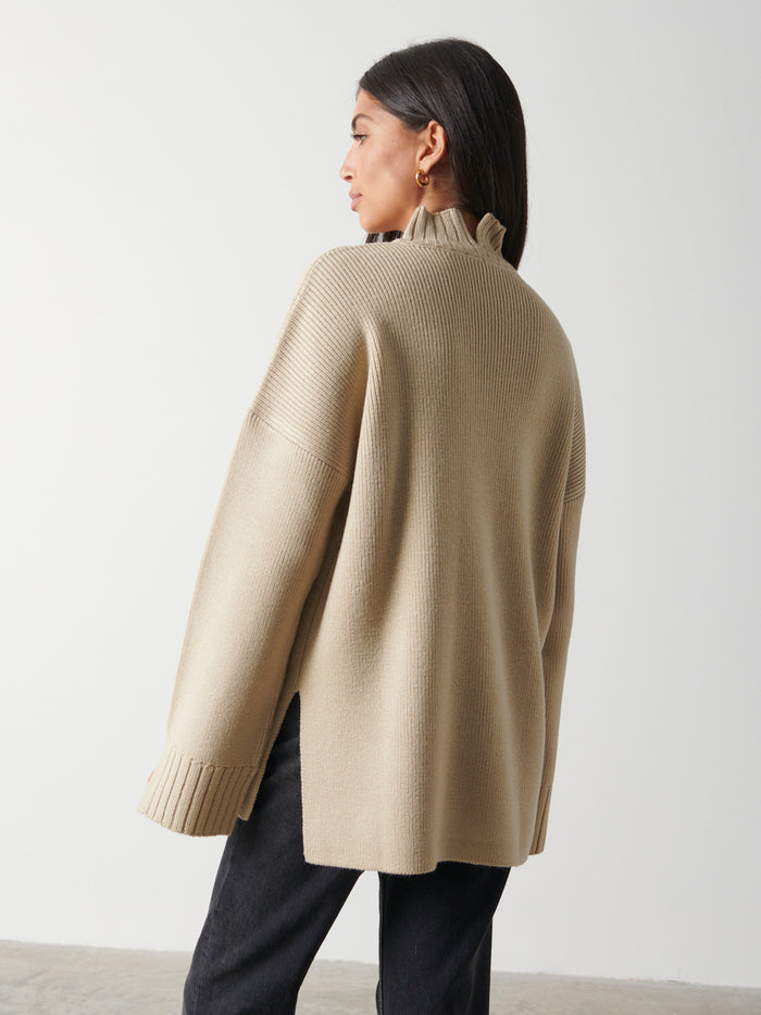 Lygia Is 5'9" & Wears Size UK S|Amory Grown Neck Knit Jumper - Beige