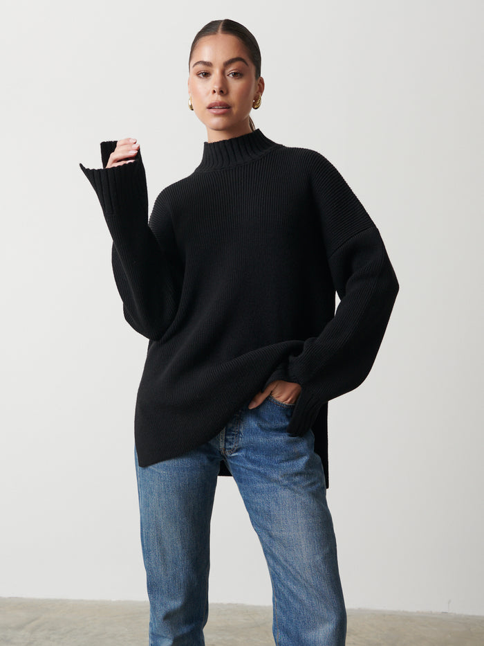 Elissa Is 5'8.5" & Wears Size UK S|Amory Grown Neck Knit Jumper - Black