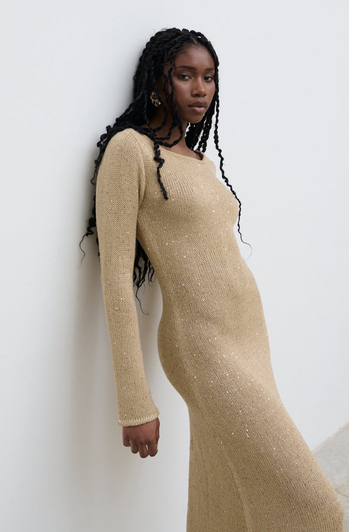 Shilloh Is 5'9" & Wears Size UK S|Anastasia Sequin Maxi Knit Dress - Gold