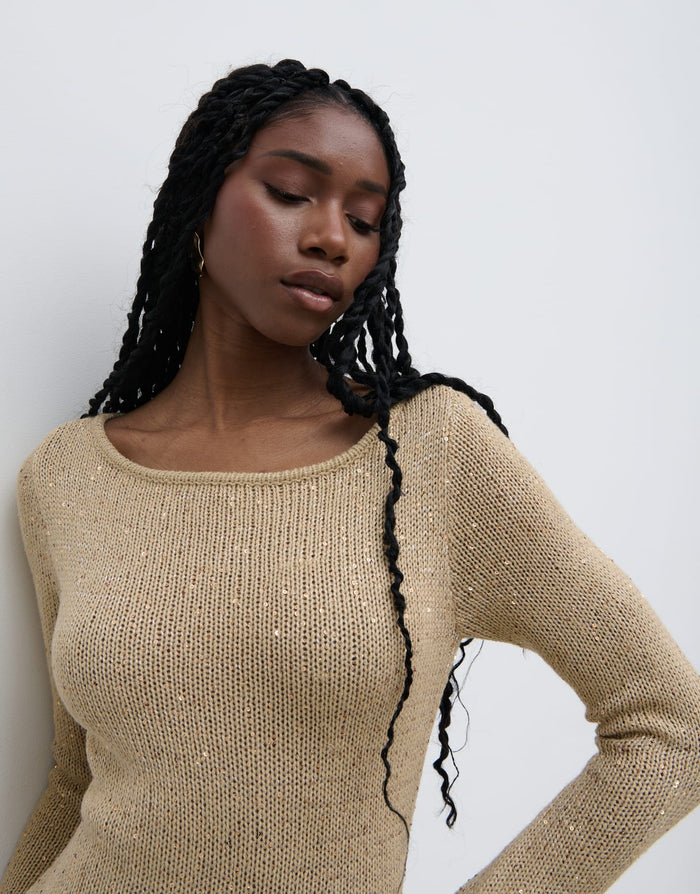 Shilloh Is 5'9" & Wears Size UK S|Anastasia Sequin Maxi Knit Dress - Gold