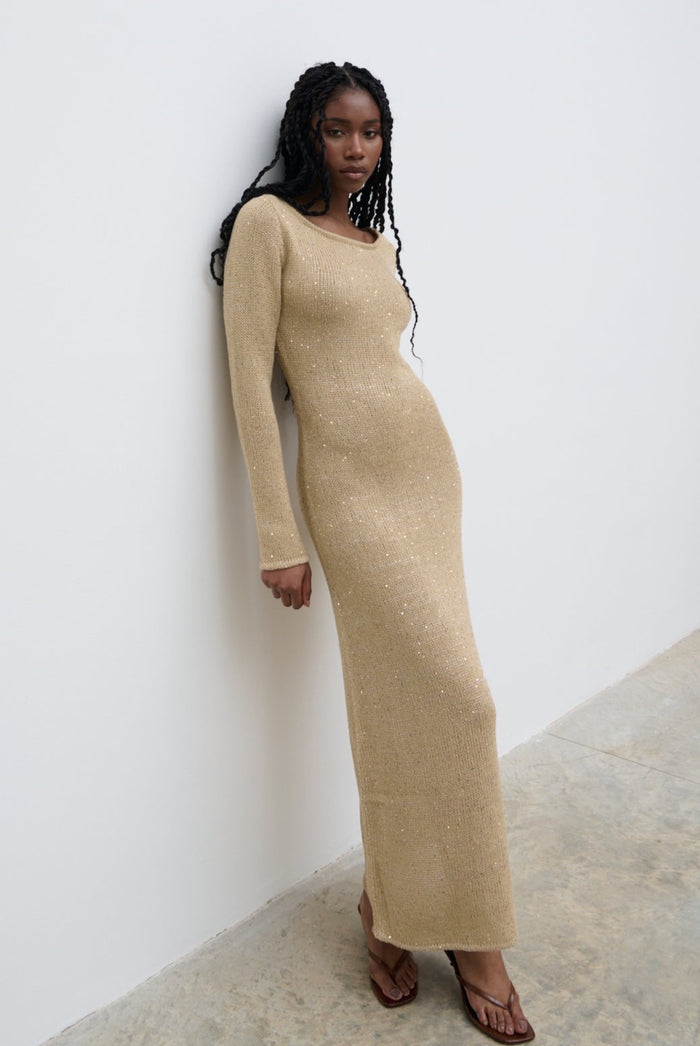 Shilloh Is 5'9" & Wears Size UK S|Anastasia Sequin Maxi Knit Dress - Gold