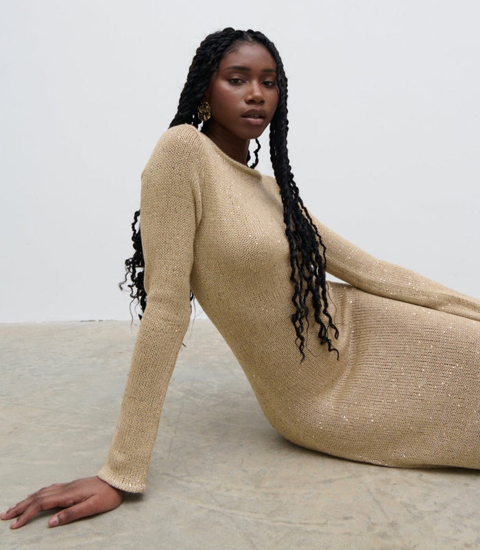 Shilloh Is 5'9" & Wears Size UK S|Anastasia Sequin Maxi Knit Dress - Gold
