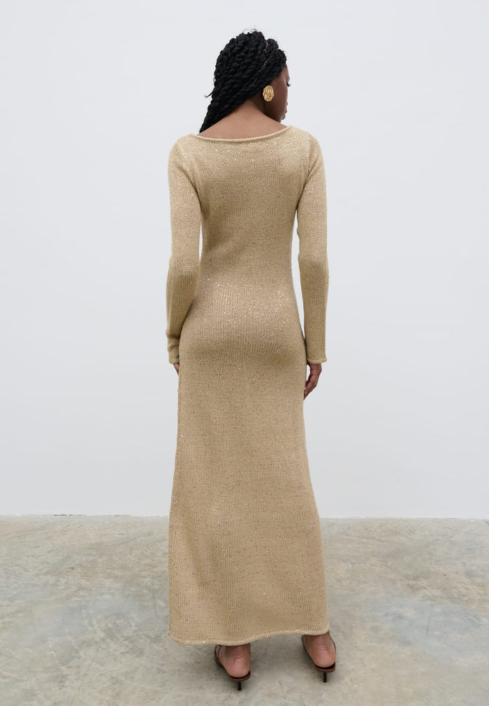Shilloh Is 5'9" & Wears Size UK S|Anastasia Sequin Maxi Knit Dress - Gold
