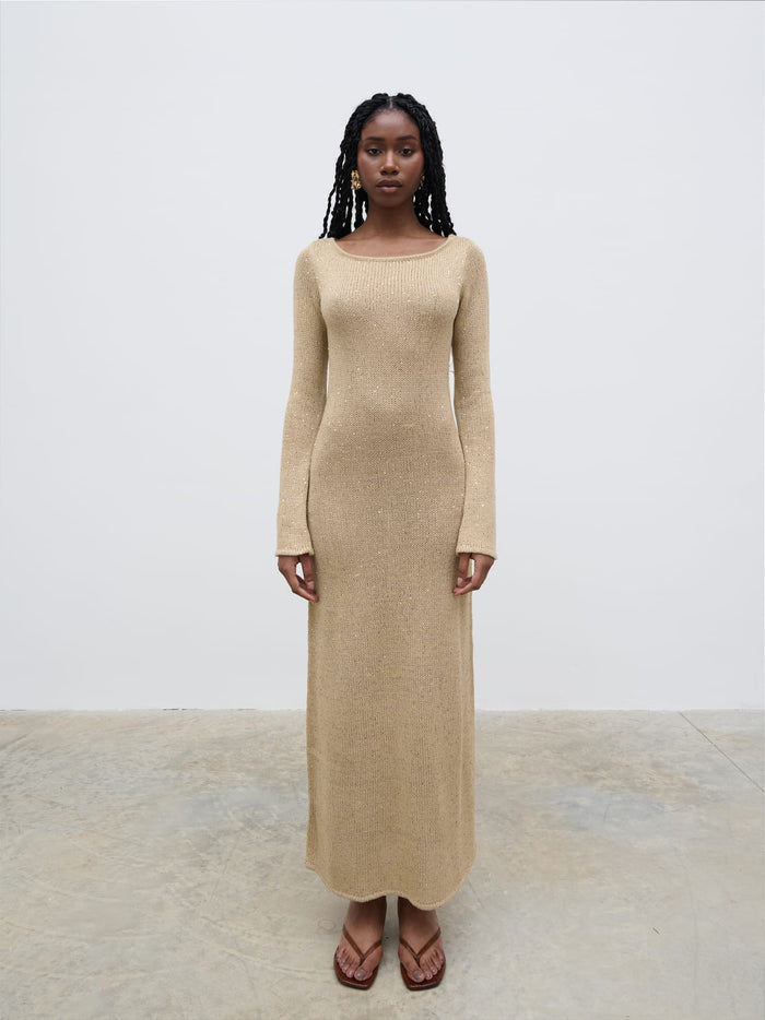 Shilloh Is 5'9" & Wears Size UK S|Anastasia Sequin Maxi Knit Dress - Gold