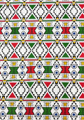 a repeating geometric design with red, green, blue, yellow, and black shapes on a white background.