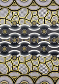 pattern featuring stylized eyes, scalloped waves, and geometric mesh shapes in black, white, gray, and gold.