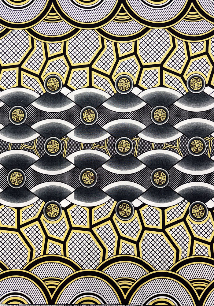 pattern featuring stylized eyes, scalloped waves, and geometric mesh shapes in black, white, gray, and gold.