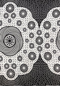 Black and white abstract patterned fabric or wallpaper featuring scalloped shapes with floral mandala motifs, concentric circles, and geometric diamond backgrounds.