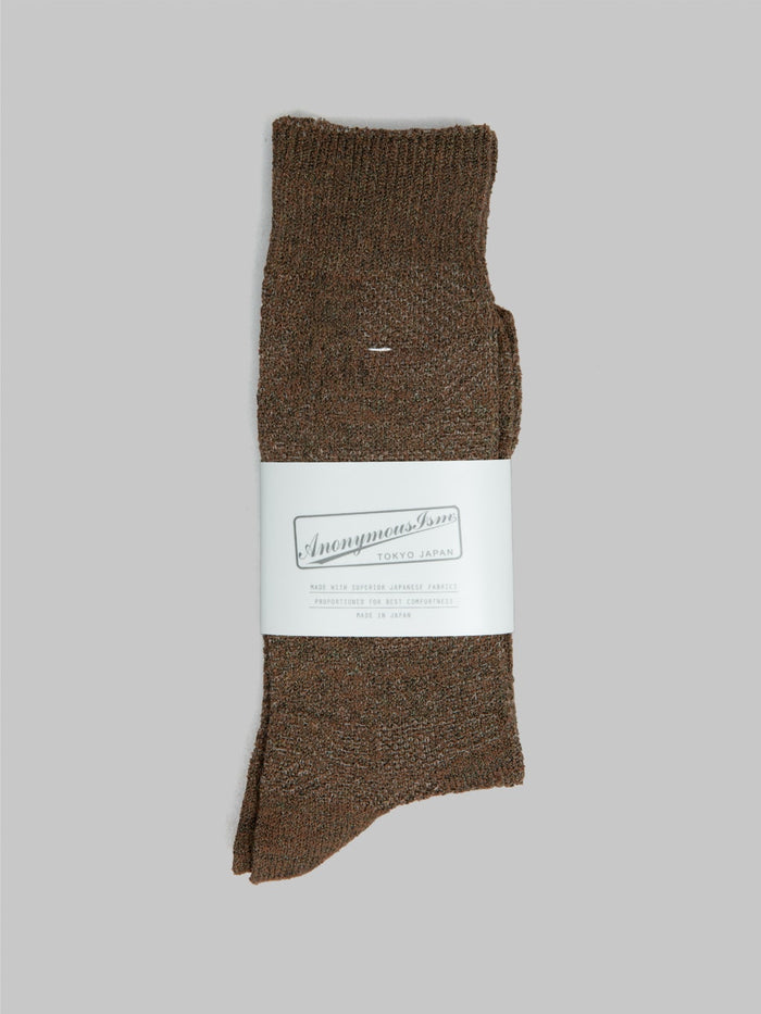Anonymous Ism Sashiko Linen Crew Socks Khaki japanese made