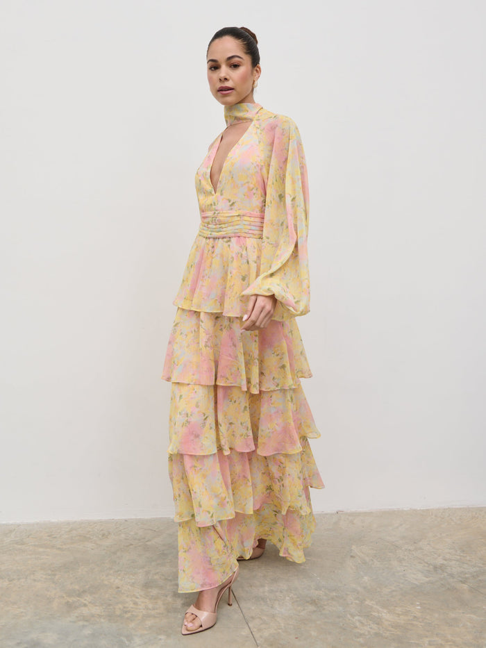 Elissa Is 5'8.5" & Wears Size UK 8|Anya Ruffle Maxi Dress - Pastel Multi Abstract Print