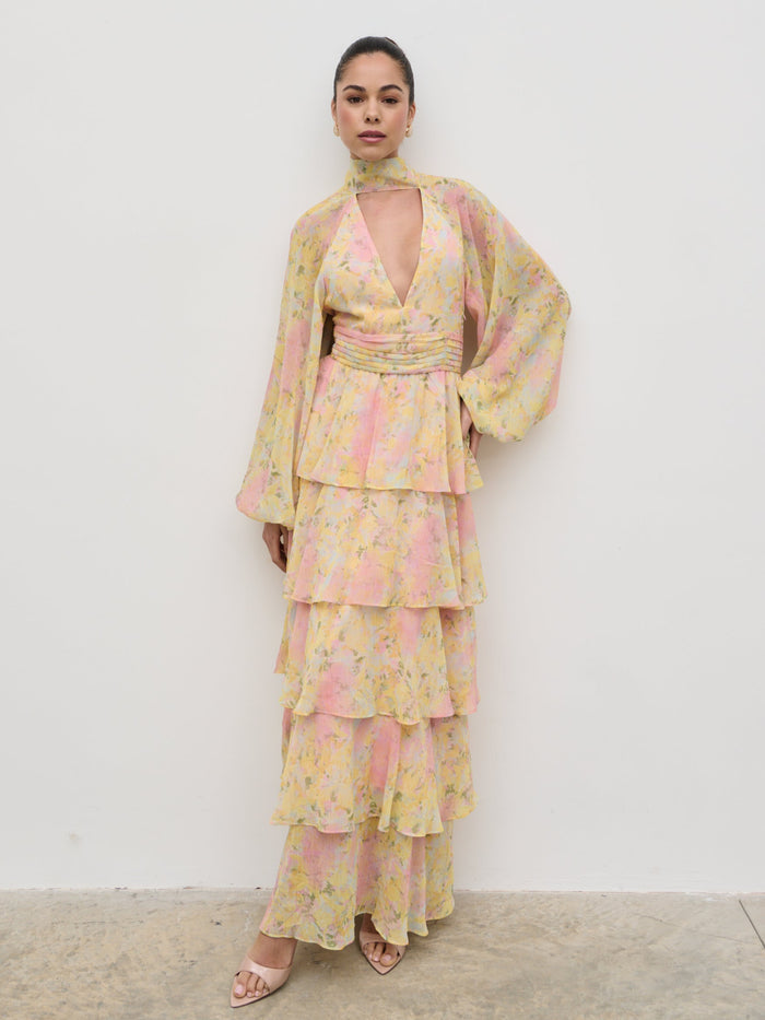 Elissa Is 5'8.5" & Wears Size UK 8|Anya Ruffle Maxi Dress - Pastel Multi Abstract Print