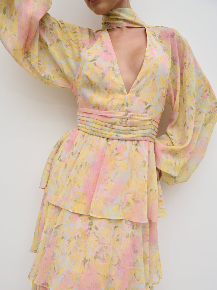 Elissa Is 5'8.5" & Wears Size UK 8|Anya Ruffle Maxi Dress - Pastel Multi Abstract Print
